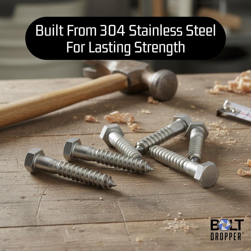 Bolt Dropper 1/2" x 3" Stainless Hex Head Lag Bolt Screws, (10 Pack), 304 (18-8) Stainless Steel Coach Bolts/Large Screws for Wood with Plain Finish by - Image 2